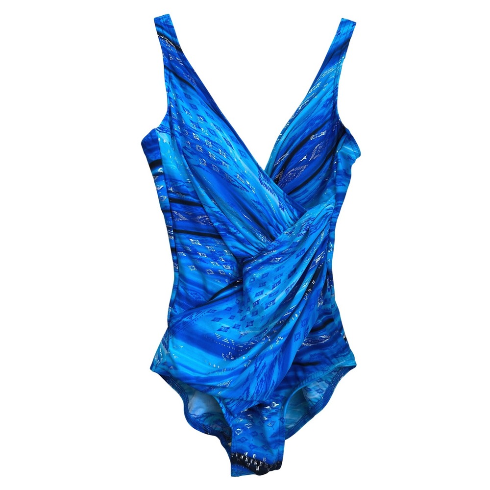 Miraclesuit Size 10 Blue Swimsuit Ruched Flattering Shaping Lined Bra One Piece